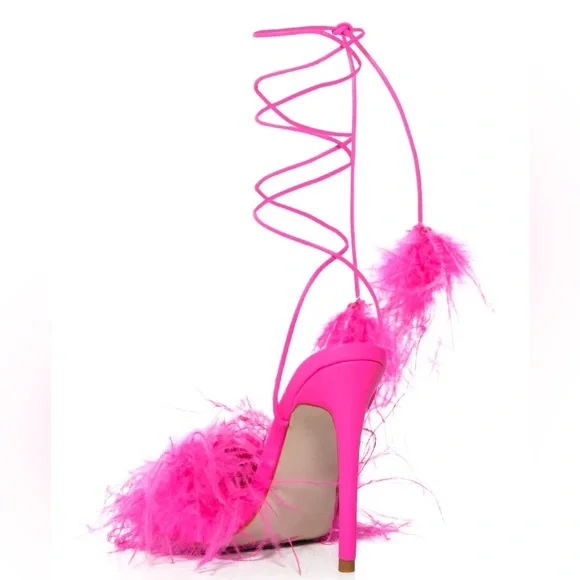 NEW AZALEA WANG “I’m That Girl” Feather Sandal In Fuchsia. Worn Once- Photoshoot - Picture 8 of 10